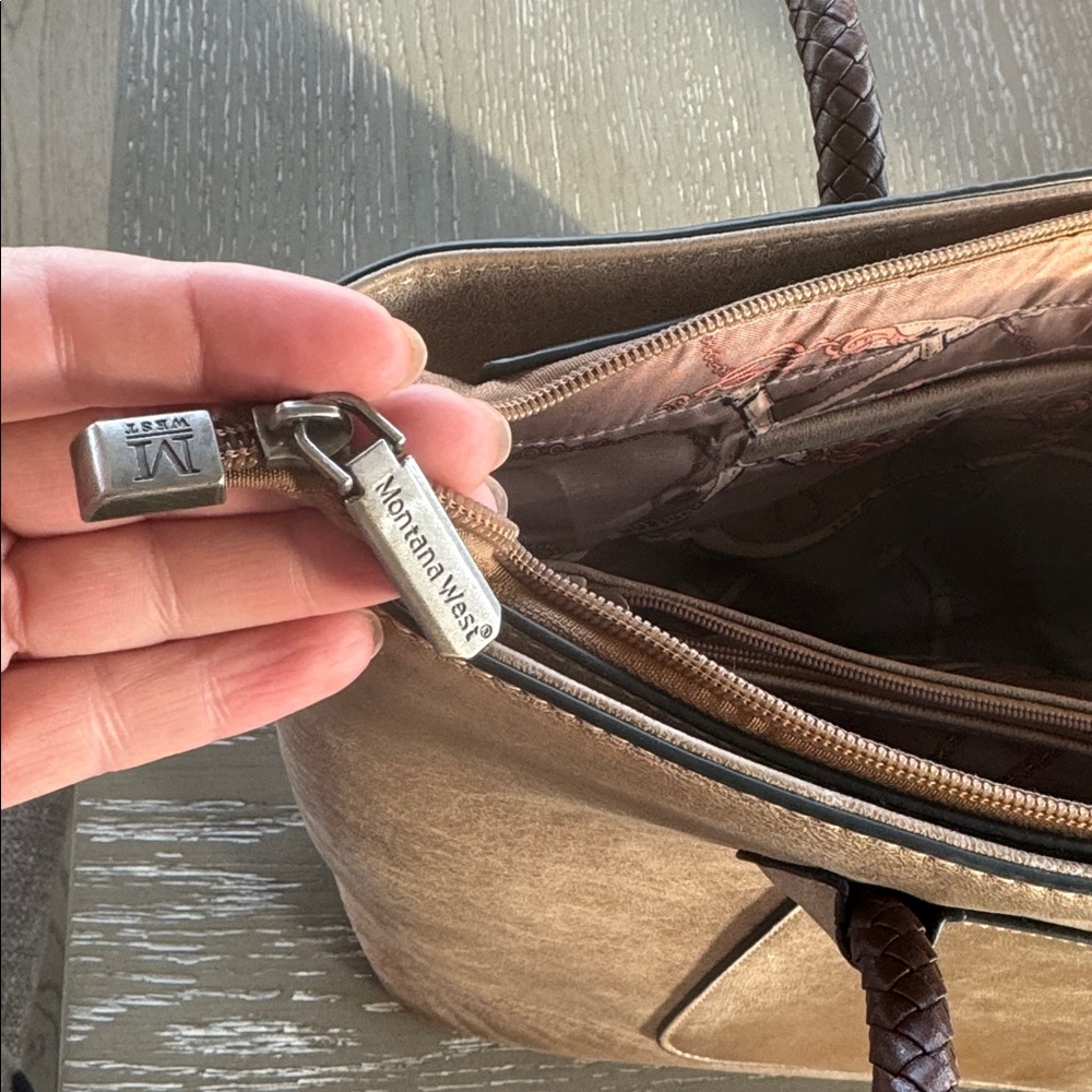 Montana West Pewter Brown Faux Leather Concealed Carry Bag Tote Braided Details - Picture 13 of 15
